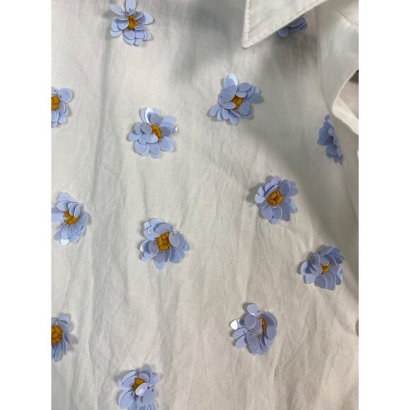 Dhruv Kapoor Anthropologie Button Up Top Women size XL White Blue 3D flower Boho - Picture 12 of 16